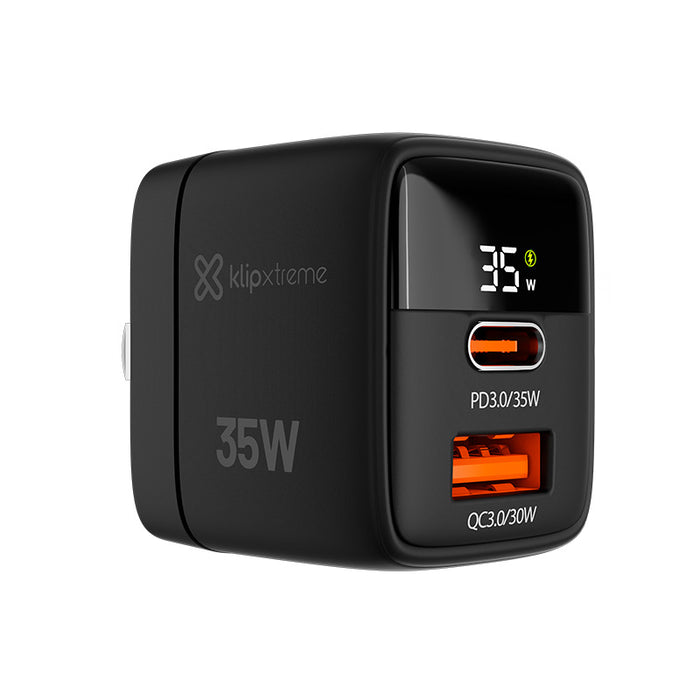 Cargador de Pared PowerWall 35 Klip Xtreme KMC-250 35W Carga Rápida USB-C® (PD3.0/35W) + USB-A (QC3.0/30W) Pantalla LCD Ultracompacto